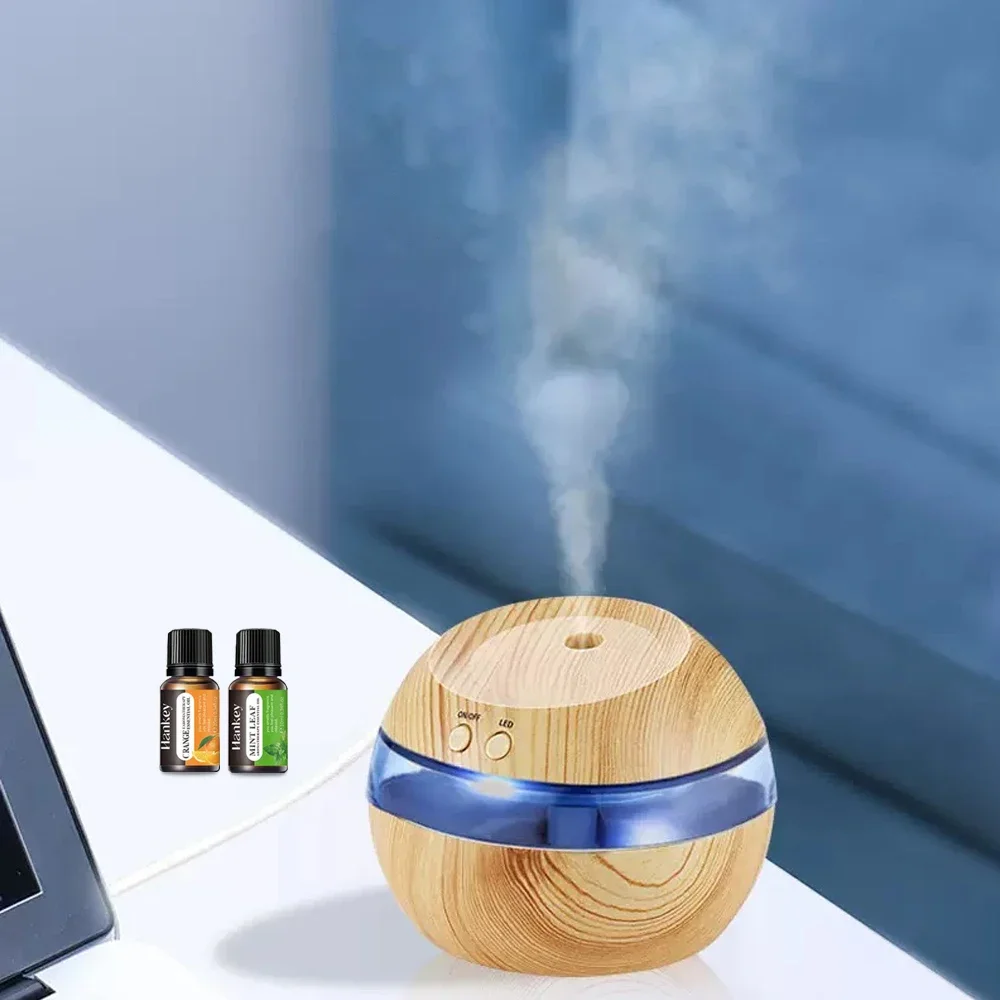 300ml USB Humidifier & Essential Oil Diffuser Wood Grain Design, Night Light, Touch Control Includes 2 Oils