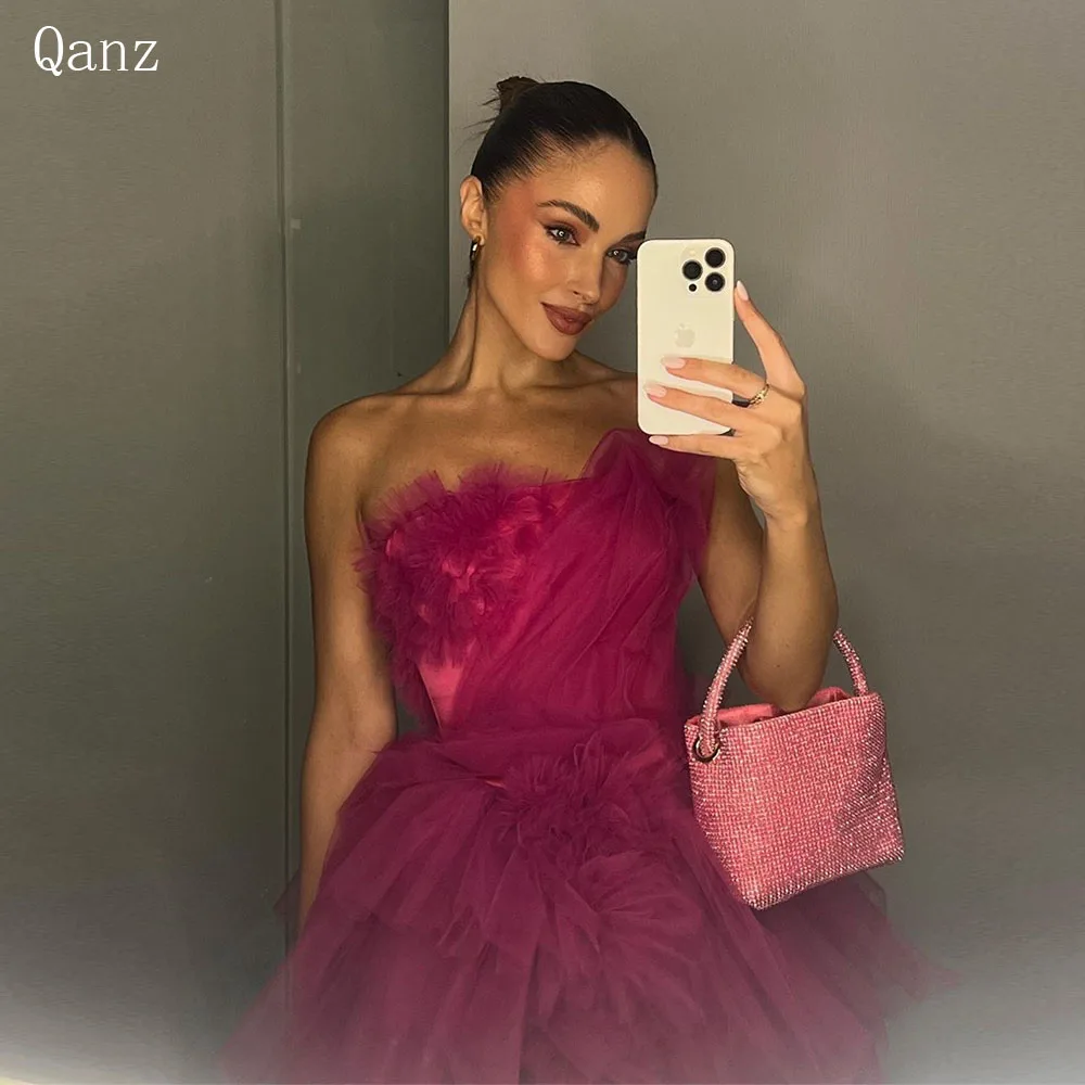 Qanz Modern Fuchsia Short Prom Dresses Tulle Strapless Mini Ruffles Pleat Homecoming Dresses Birthday Dress For Women Customized