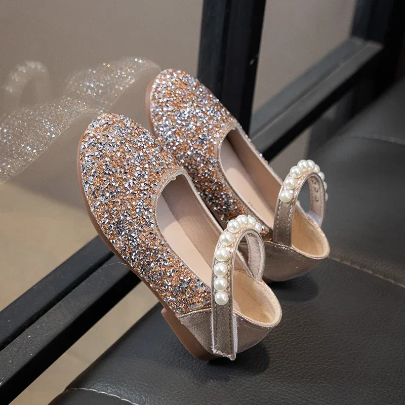 Little Girls Glitter Mary‑Jane Princess Flat Shoes, Pearl Strap Magic‑Toddler Flower Girl Dress Shoes for Party Wedding Birthday