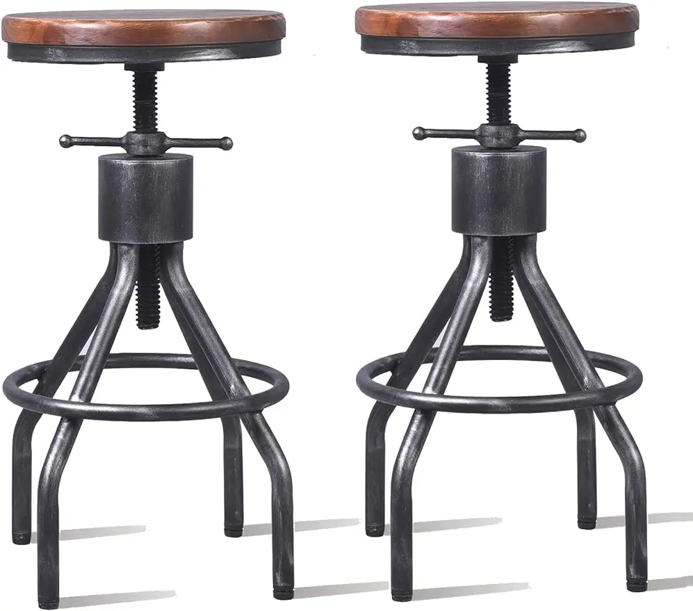 

LOKKHAN Set of 2 Industrial Bar Stool-Vintage Adjustable Round Wood Metal Swivel Bar Stool-Cast Iron-23-30 Inch Tall Counte