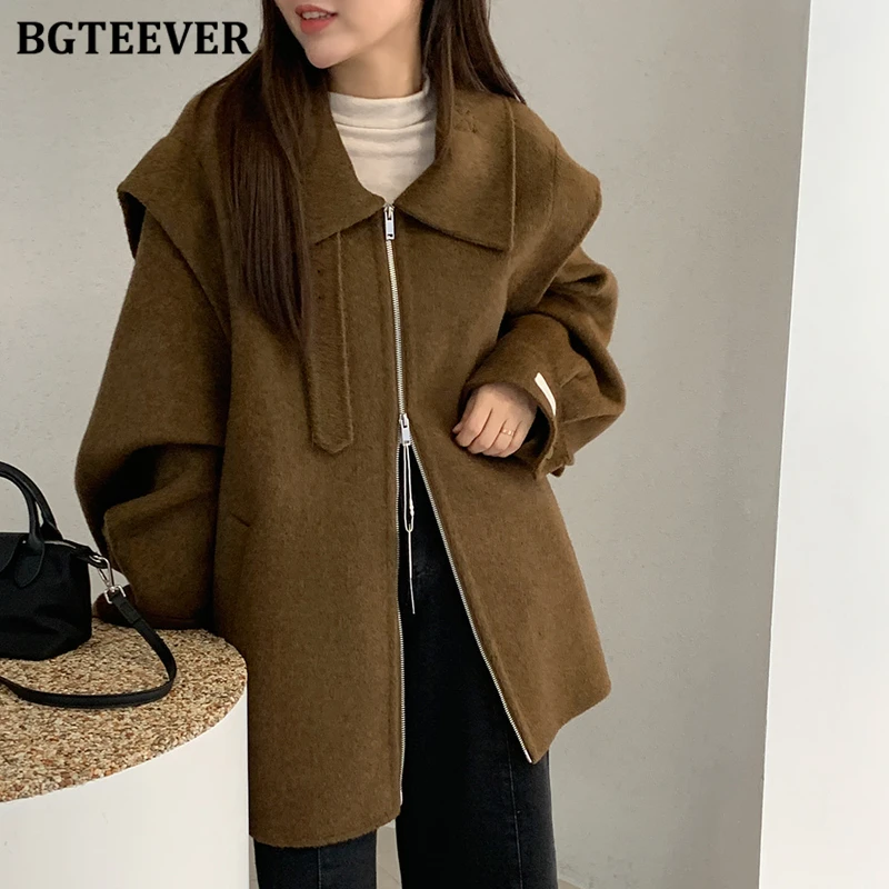 

BGTEEVER Autumn Winter Vintage Thicken Warm Long Sleeve Ladies Woolen Jackets Elegant Loose Female Zipper Up Blend Coats