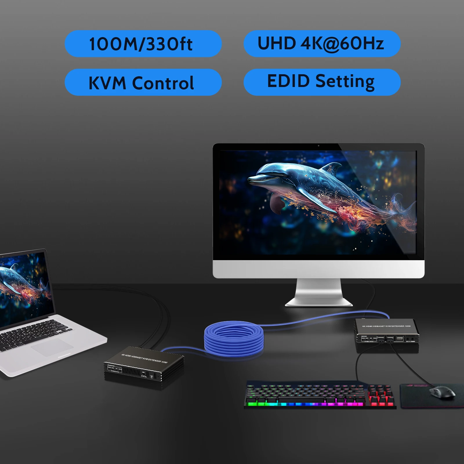 4K 60hz HDMI KVM Extender 100M 3 Ports USB2.0 Hub POE RS232 EDID Setting Stereo Audio and Microphone HDCP 2.2 KVM Extender