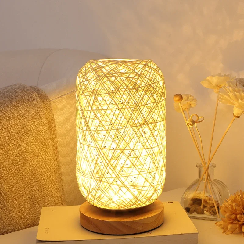 Veilleuse boule de rotin enveloppée de fil de chanvre en bois de créativité personnalisée, lampes de table de chevet de chambre à coucher, décoration de bureau de LED