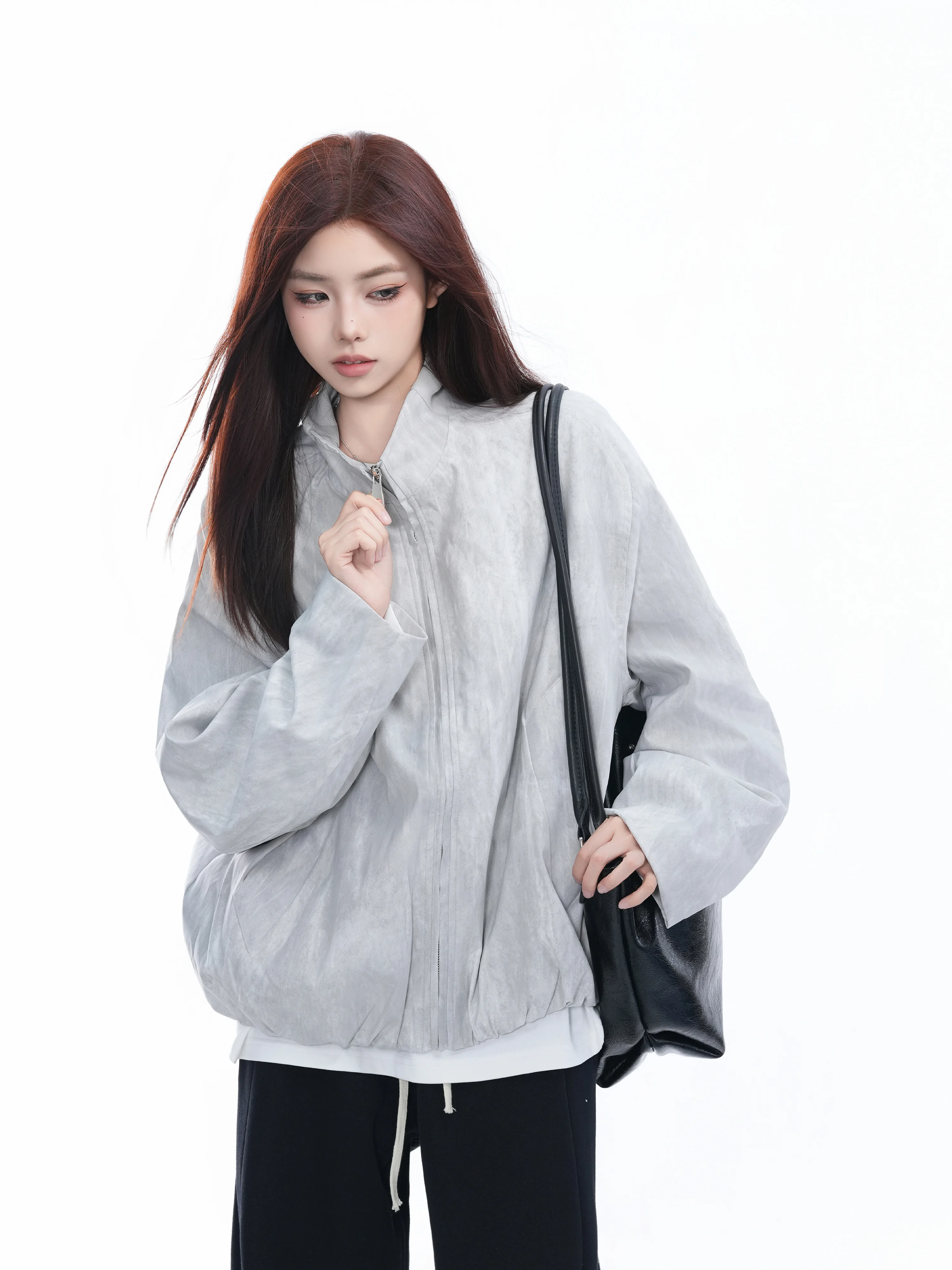 Retro American Dyed Zipper Open Cardigan Jacket Women Loose Casual Washed Jacket Small Ball Ball Commute Style Long Sleeve
