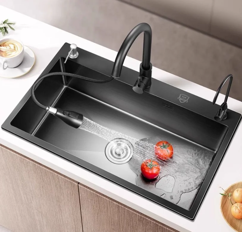 Cutom Size Thickened Single-Basin Kitchen Sink, Household Black Nano Integrated Stainless Steel Vegetable Washing Basin