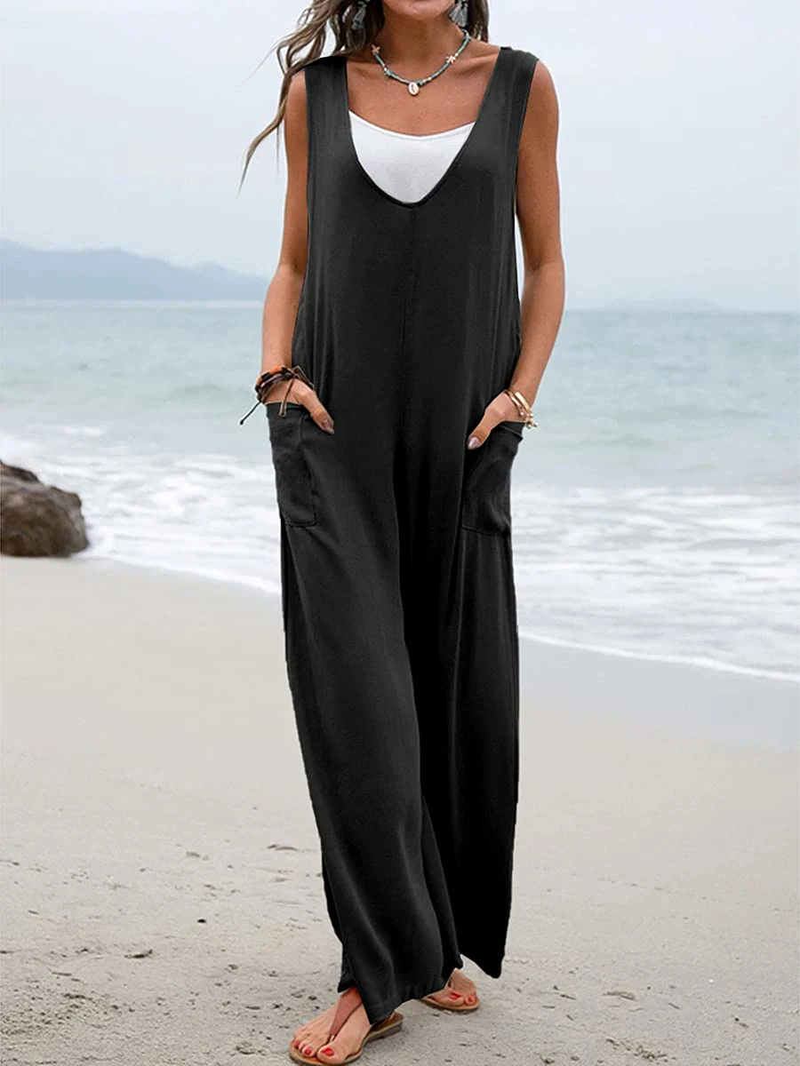 

Women Summer Casual Boho Baggy Overalls Bib Jumpsuit Sleeveless Crewneck Jumpsuit Romper with Pockets Oversized Linen Jumpsuits