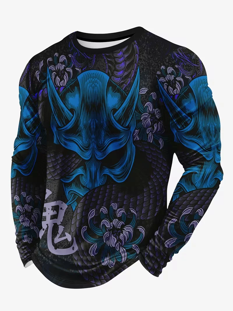 New Men's Japanese Style 3D Ghost Devil Print T Shirt Trend Personality Top Casual Long Sleeve O-Neck T-shirt Daily Outdoor Tees