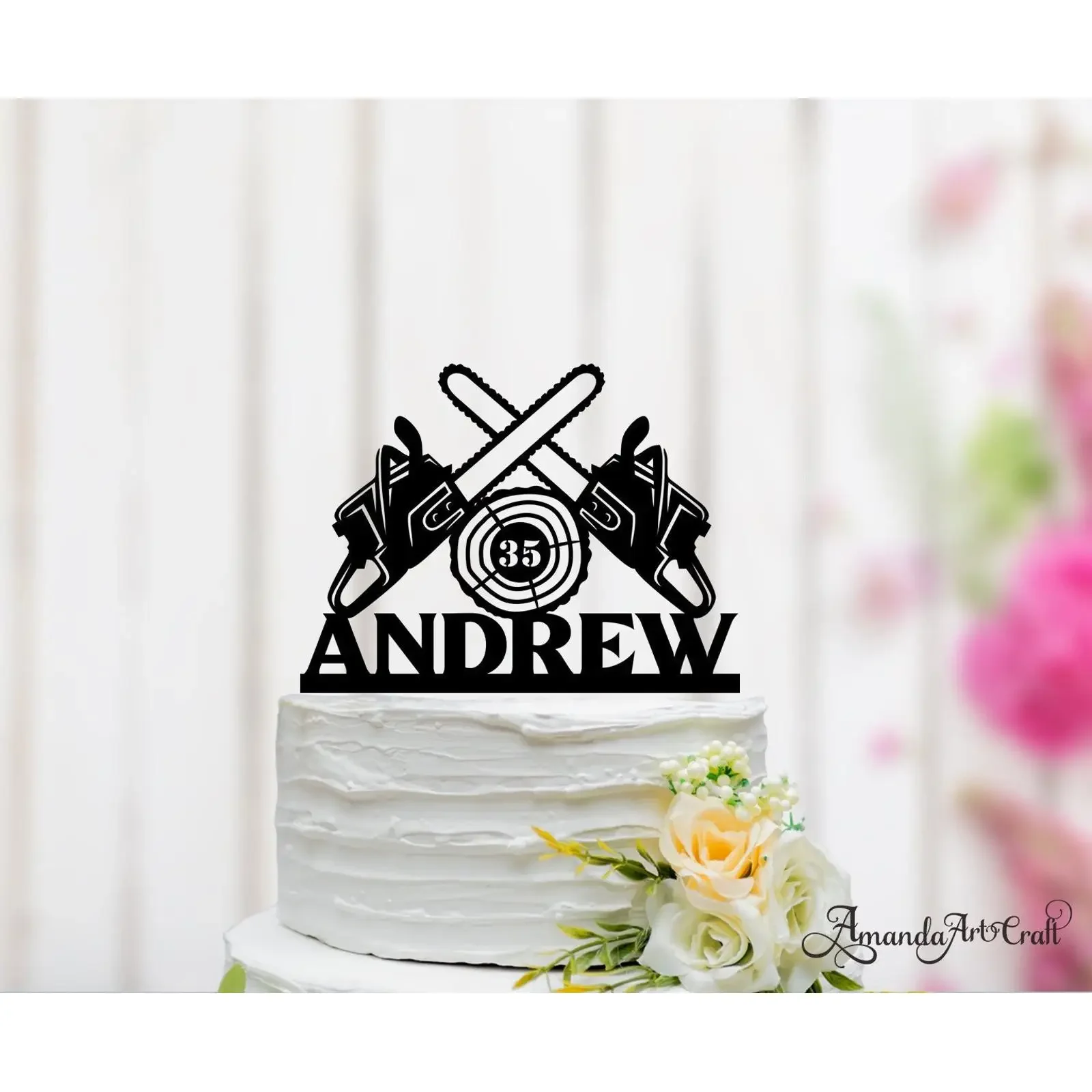 Personalized Chainsaw Lumberjack Birthday Cake Topper Custom Name Age Logger Timberjack Themed Party Decor vintage Washed