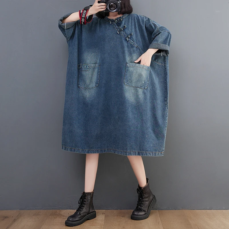 Vestido vaquero hoado informal do Vintage de talla ande para mujer, falda acampanada adeazante para primavera y ver...