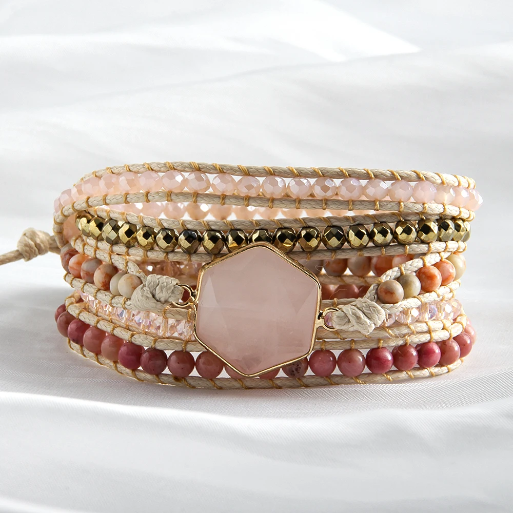 New Fashion Bohemian Rose Quartz Amazonite Natural Stone Glass Beaded Rhombus Charm Hand-woven Wax Rope 5 Strand Wrap bracelet