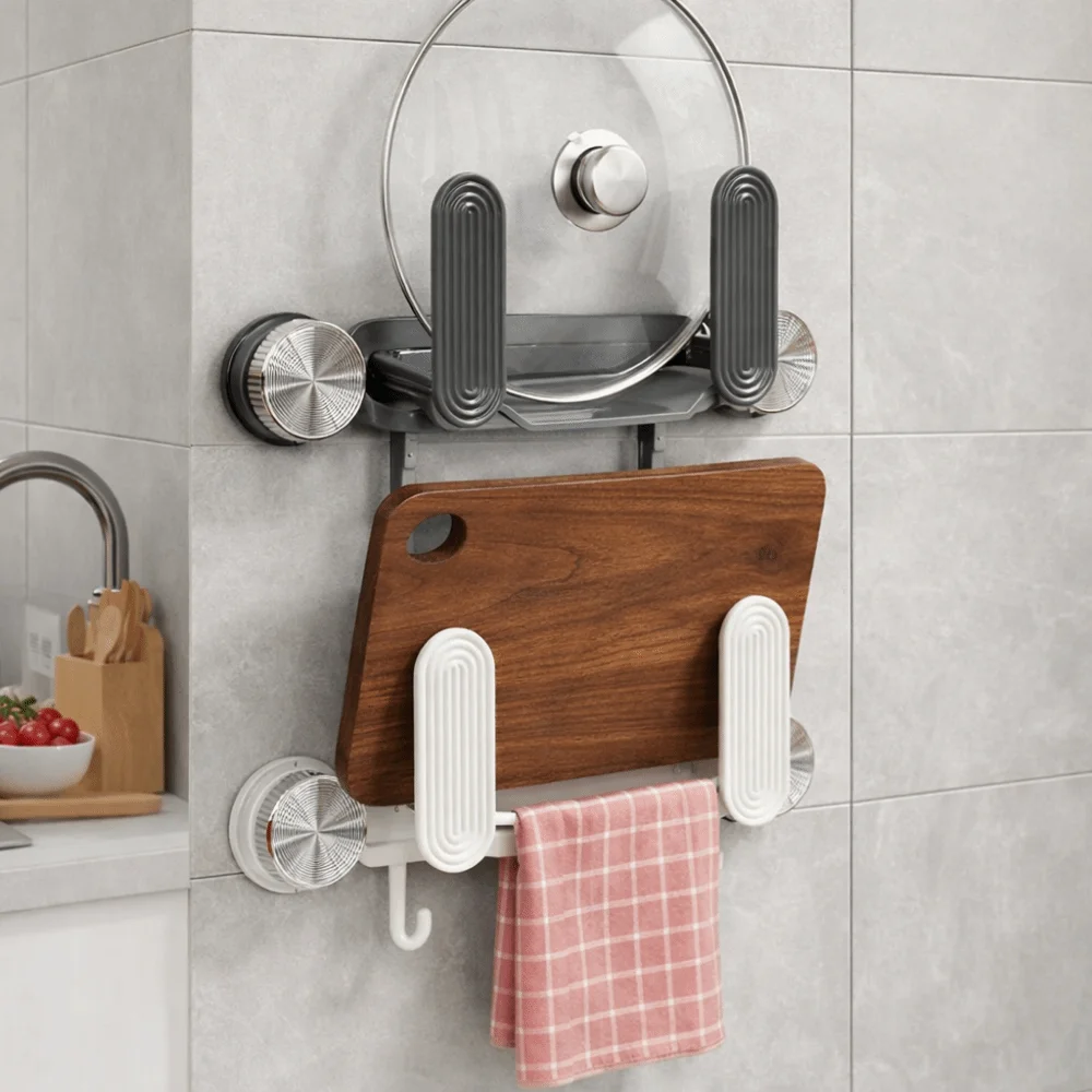 

Plastic Suction Cup Pot Lid Holder Space Saving Wall Mounted Pot Cover Rack Waterproof with Hooks Pan Cover Storage Holder