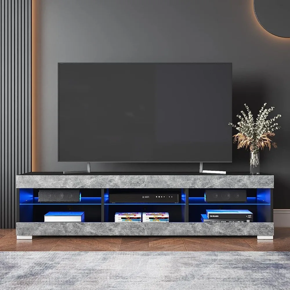 LED TV stand, gray black TV stand with LED lights, TV media console with glass frame