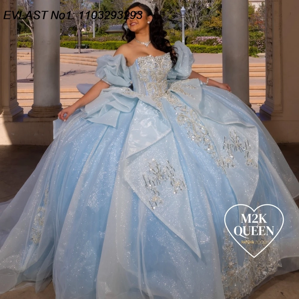 

Индивидуальное платье EVLAST для Quinceanera, небесно-голубое, с блестками, бальное платье с серебряными кружевными аппликациями и бисером, для Sweet 16, Vestidos De 15 Anos AQ192