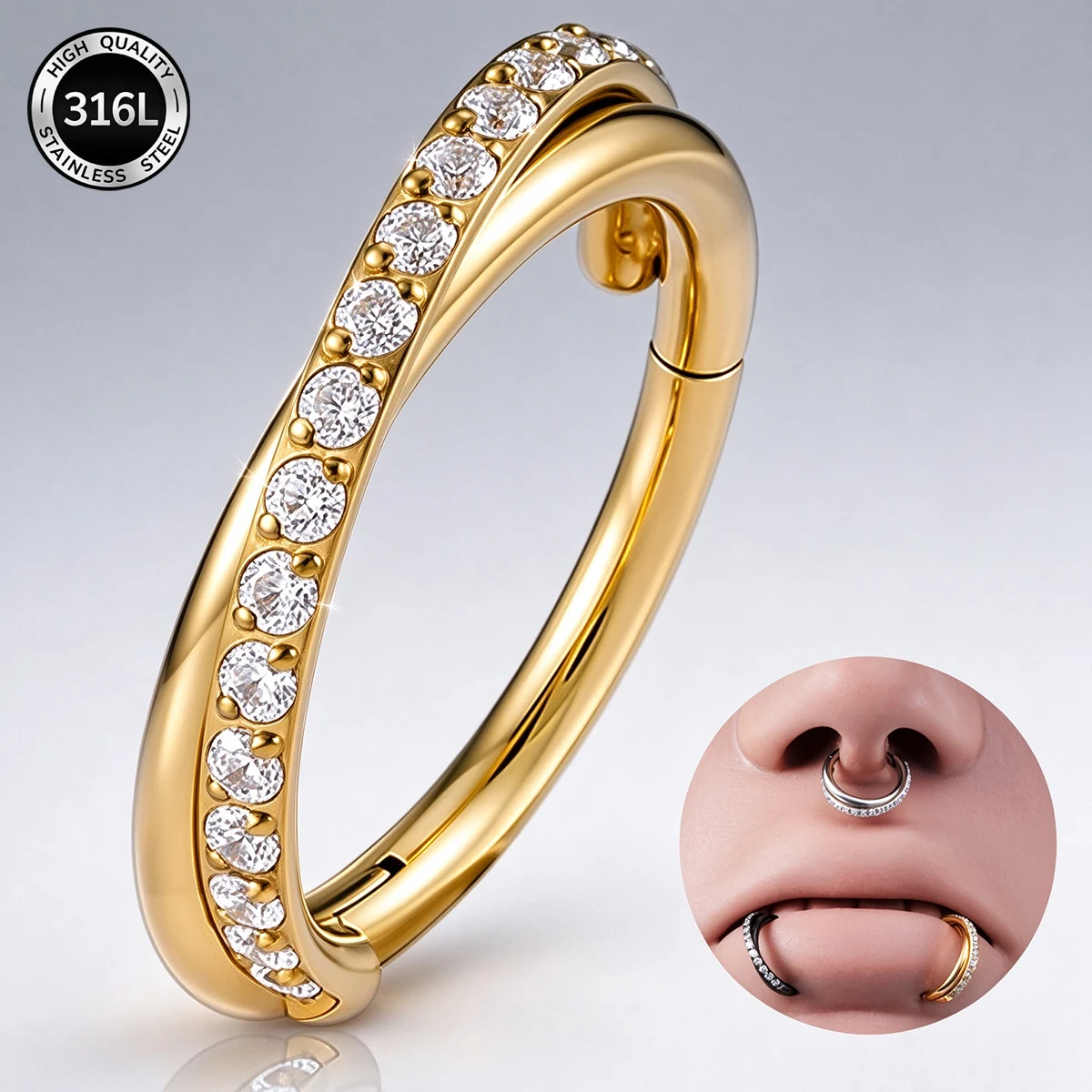 1pc 316L Stainless Steel Double Hoop Illusion Hinged Septum Piercing Ring Cartilage Tragus Daith Helix Piercing Earrings 16G