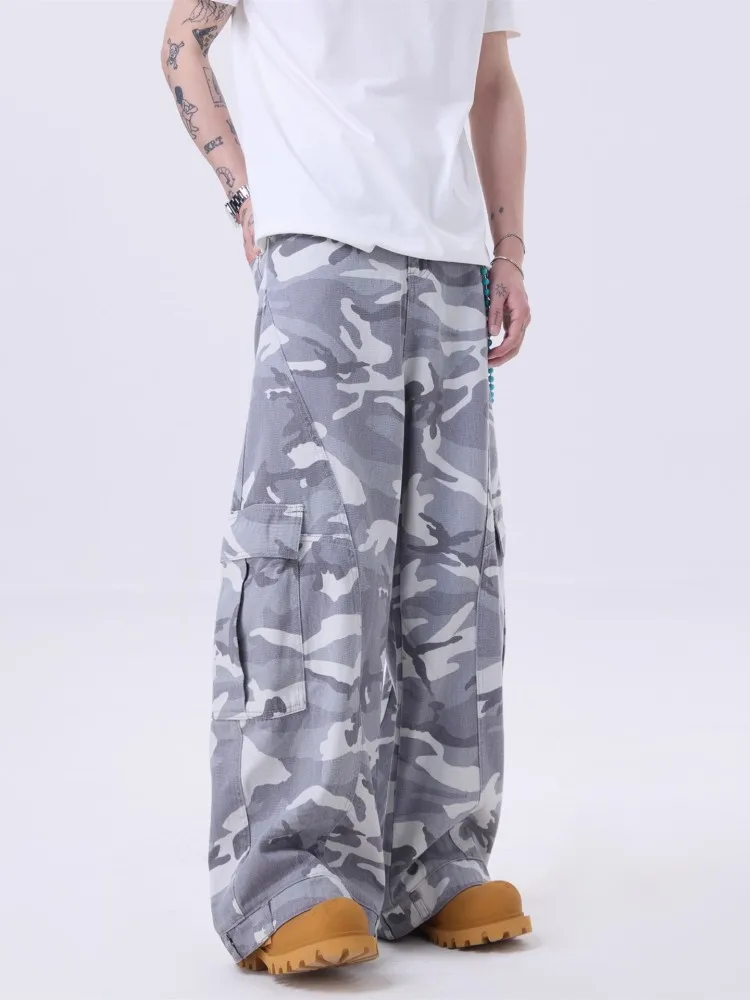 American Style Retro Camouflage Color Mens Jeans Pockets Loose Fit Daily Casual Denim Trousers Full Length Mid Waist Cargo Pants