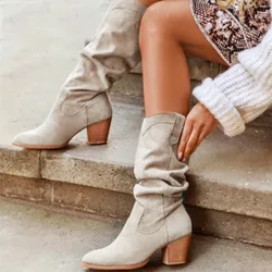 Vintage Pleated Boots Suede Chunky Heels Pointed Toe Women's Mid-Calf Boots