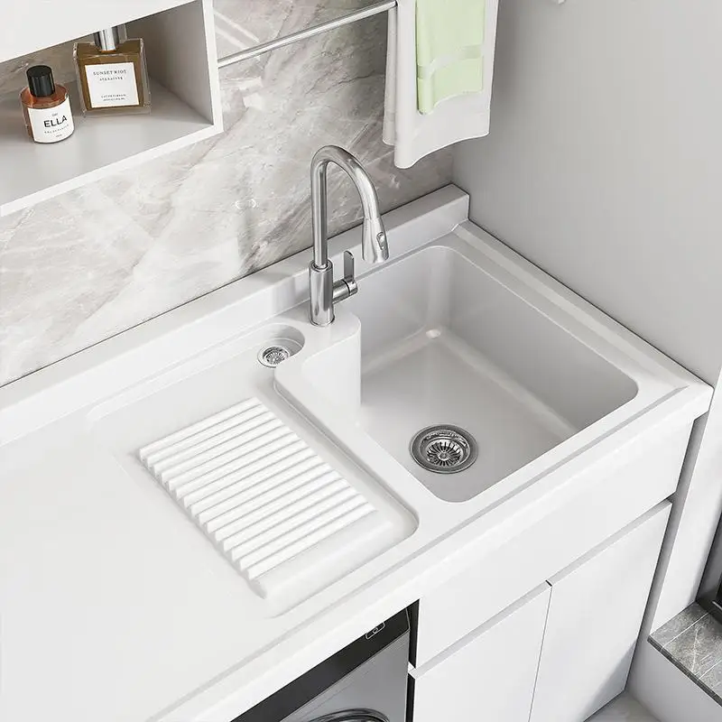 Honeycomb Core Stainless Steel Laundry Sink Cabinet with Washboard & Basin, Combo Unit for Balcony & Bathroom