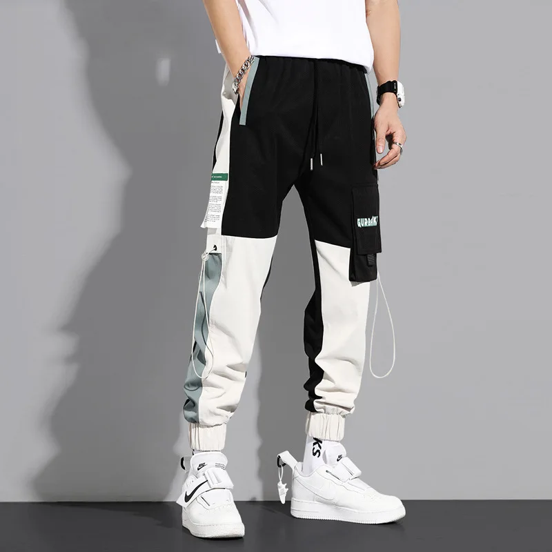 Streetwear Spring Casual Men\'s Pants Cotton Harem Ribbons Joggers Men Patchwork Fashion Ankle Length Jogger Pants For Boys