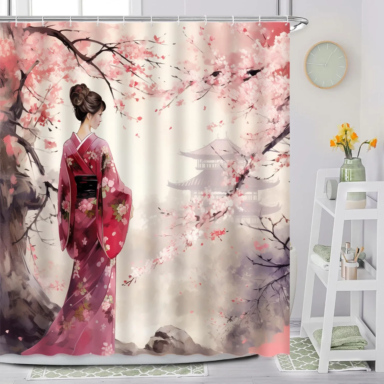 Japanese Shower Curtain, Sea Waves Cherry Blossom Red Sun Anime Kimono Woman Mount Fuji Landscape Ink Crane Bird Bathroom Decor