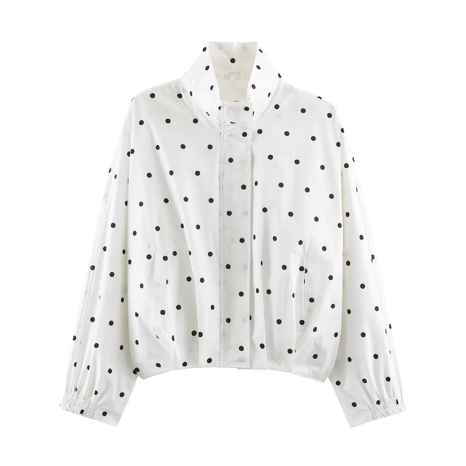 BSAY Women Polka Dot Print Cropped Bomber Jacket Stand Collar Elastic Cuffs Fit Long Sleeve Casual Pocket Design Short Outerwear