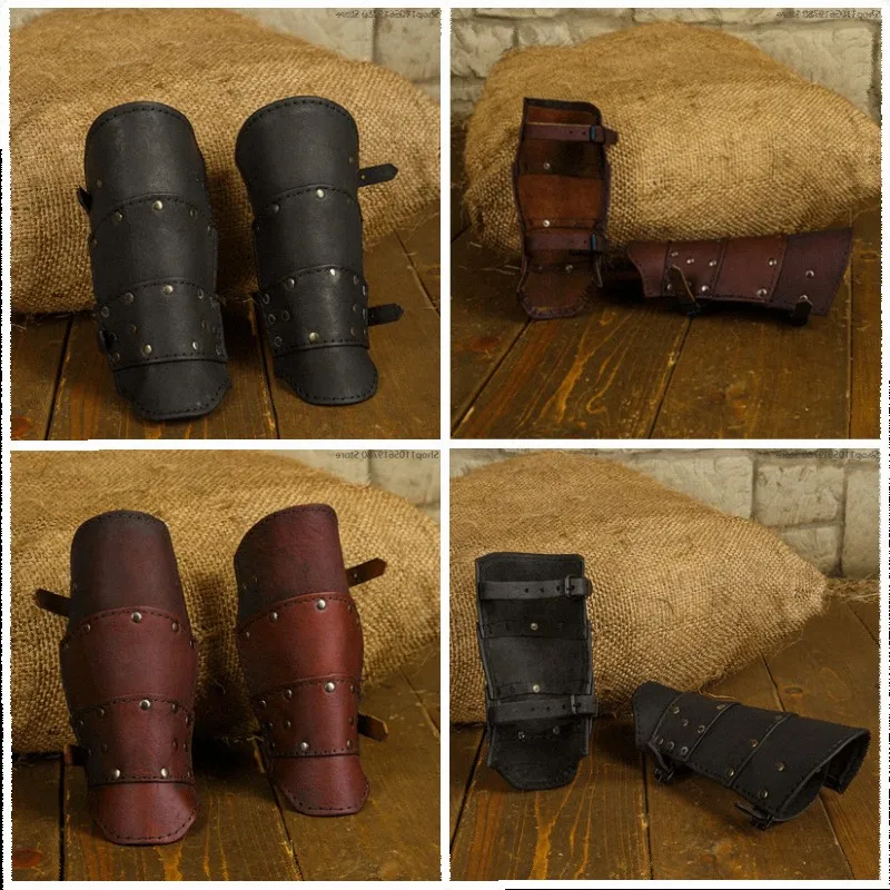 Halloween Viking Style Faux‑Leather Arm Bracers Rivet Decor Adjustable Strap Wrist Cuffs Adult Role‑play Cosplay Dress‑up Prop