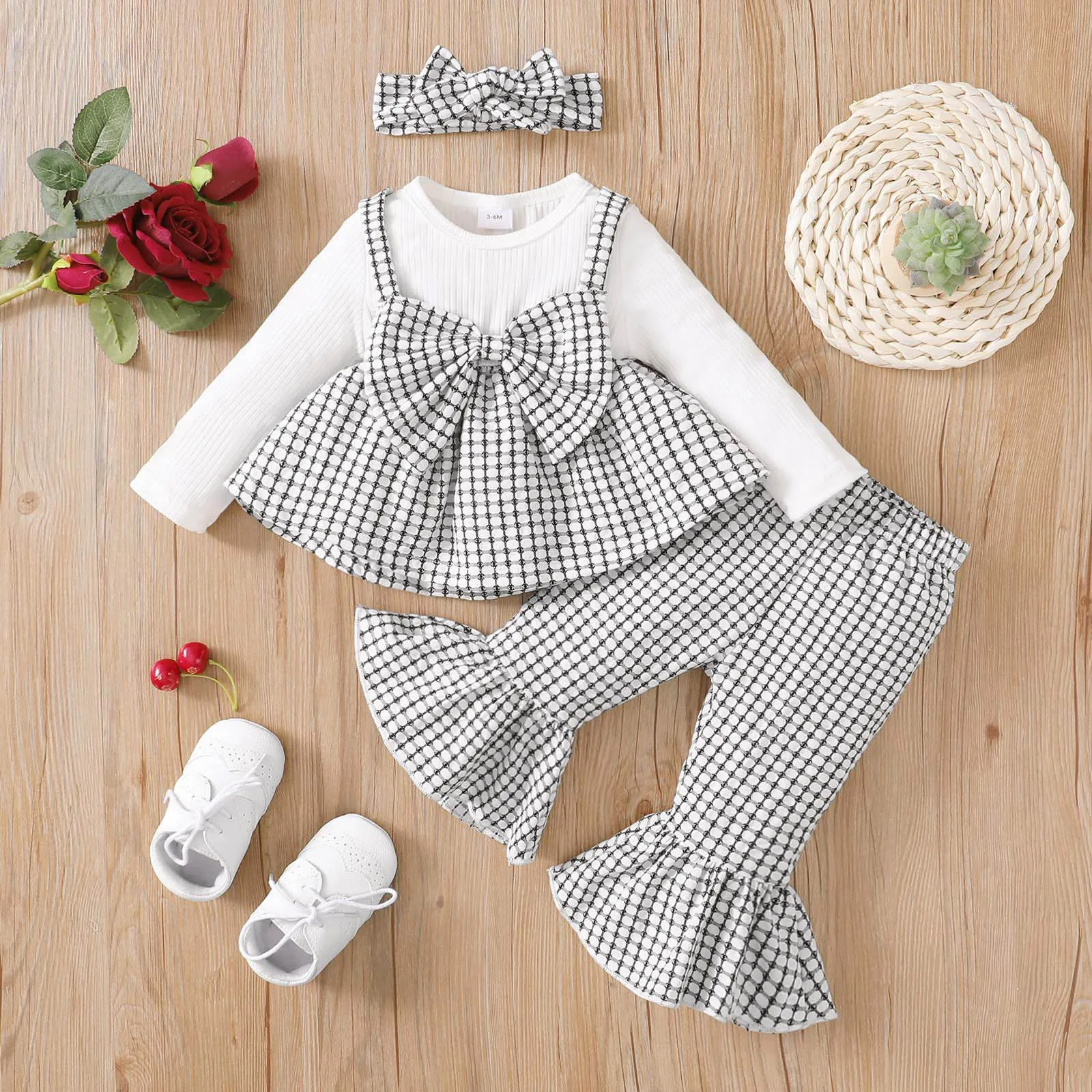 Infant Baby Girl Clothes New Born Mother Kids Babies Items Costume 3pcs Black Plaid Bowknot Long-sleeve Top and Flared Pants Set