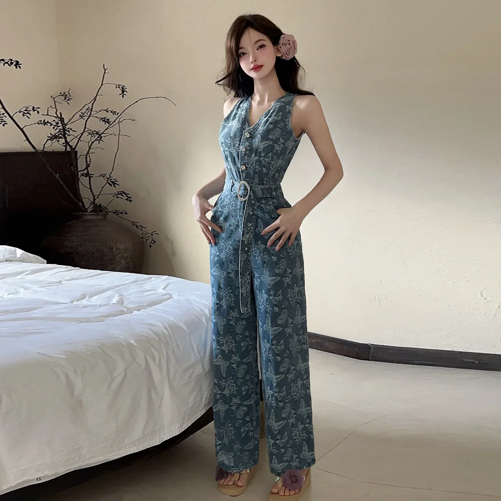 

Elegant Women's Jumpsuit Retro Jacquard Denim Blue Sleeveless Straight-leg Wide-leg Korean Office Lady Summer Trendy Outfits