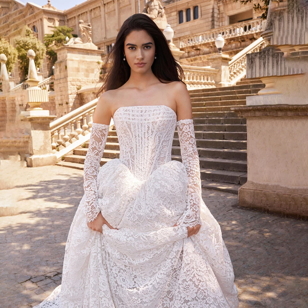 Modern Lace Strapless Wedding Dresses 3/4 Sleeves Bridal Gowns A Line Backless Vestidos De Casamento Personalized Customized