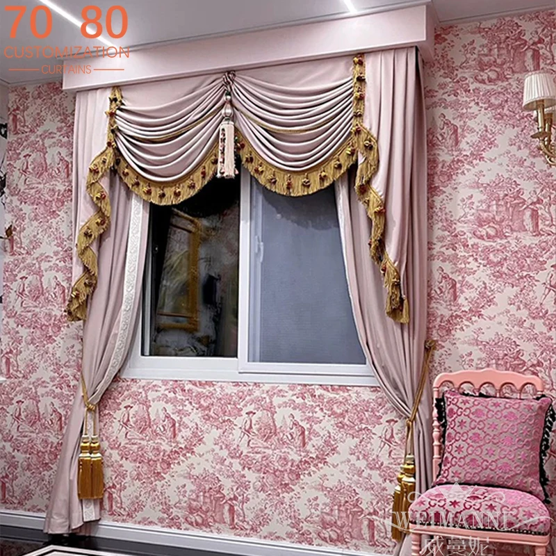 New Pink Senior Lace Decorative Velvet Curtains for Living Room Study Bedroom Villa High Window Floor Windows Customised Valance