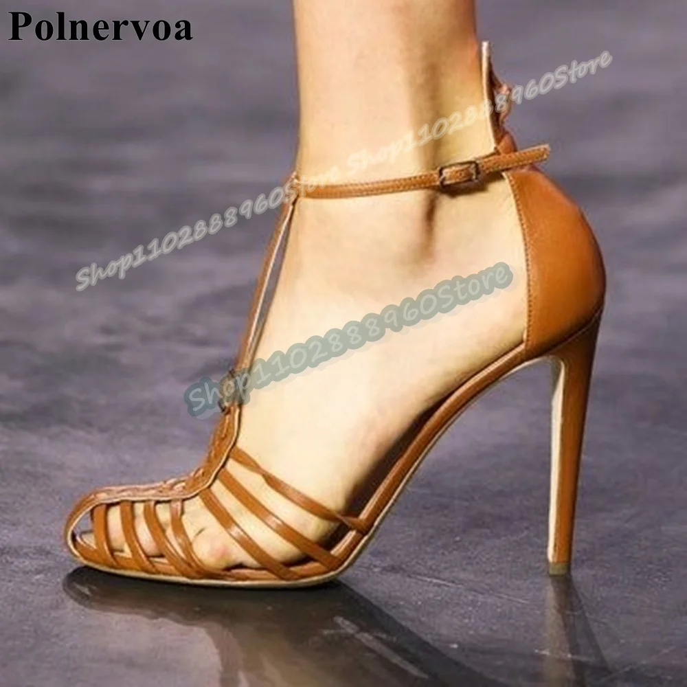 

T Strap Brown Woven Leather Strip Sandals Thin High Heel Shoes For Women Ankle Buckle Strap Pointed Toe Casual Trending Sandals