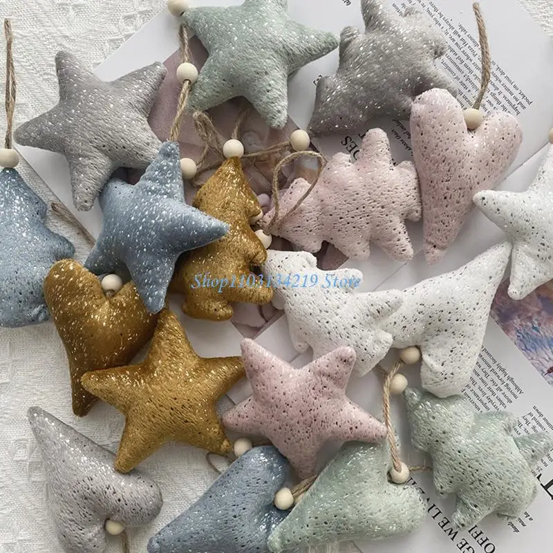 N5KC Christmas Gold Cloth Pendants 6 Pcs Love Heart Star Xmas Tree Shaped for Xmas Tree Home Festival Party Decoration