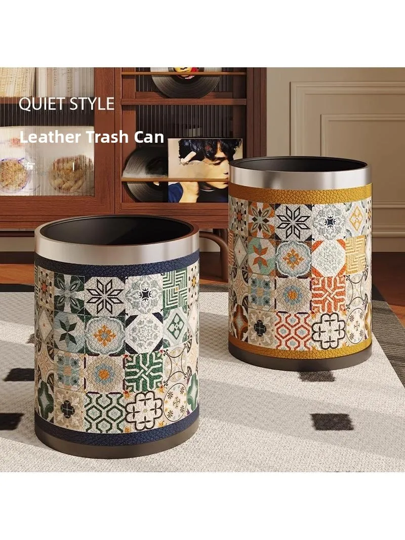 

American Retro Leather Trash Can Large Capacity Double Layer for Living Room Bedroom Kitchen Bathroom Luxury Home Use