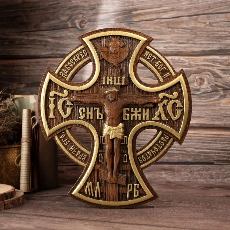 

Vantage Jesus Christ Crucified Cross, Church Icon Religious Statue Wooden Carving Ornaments Christmas Gifts