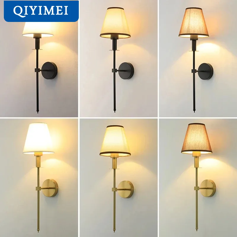 

new American LED Wall Lamps For TV Background Home Decor Bedroom Aisle Bedside Living Room fabric Light black gold Wall Sconce