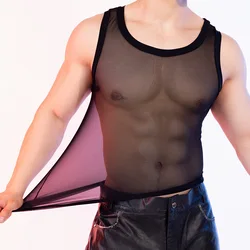 Men's Tank Tops Sexy Mesh Transparent Undershirt High Elastic Breathable Fitness Muscle Tops Nightclub Fun Wide Shoulder Vest