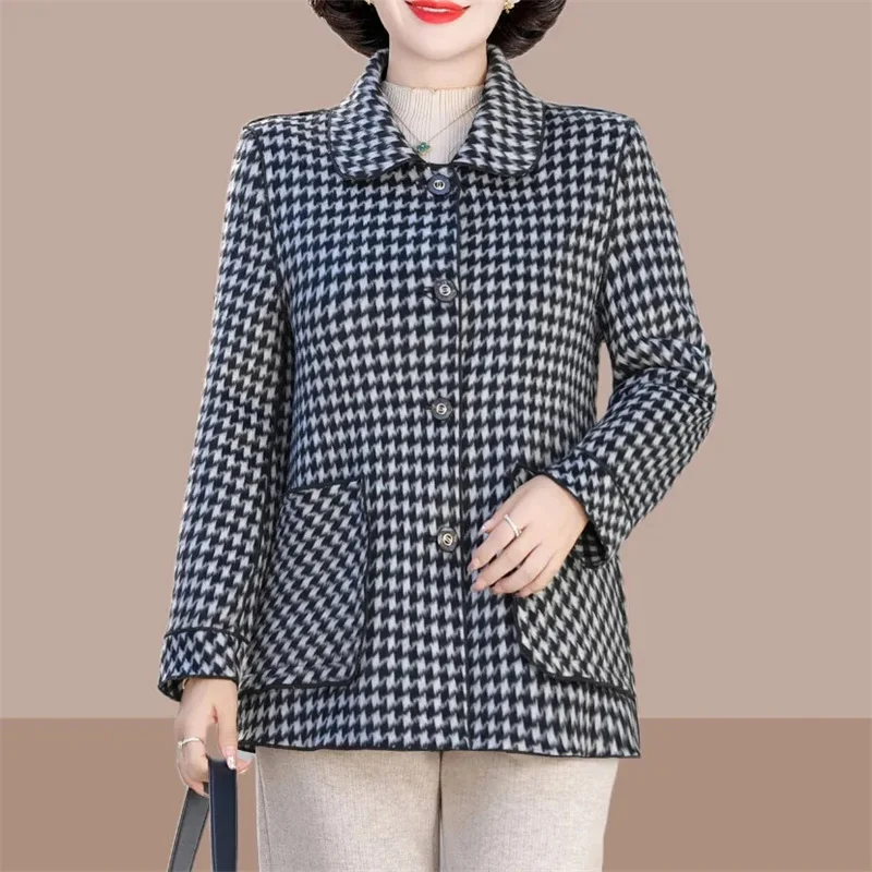 Hand Sewn Double-sided Woolen Coat Women High End Cashmere Overcoat Autumn New Middle Aged Elderly Mother Plaid Wool Jacket 6XL