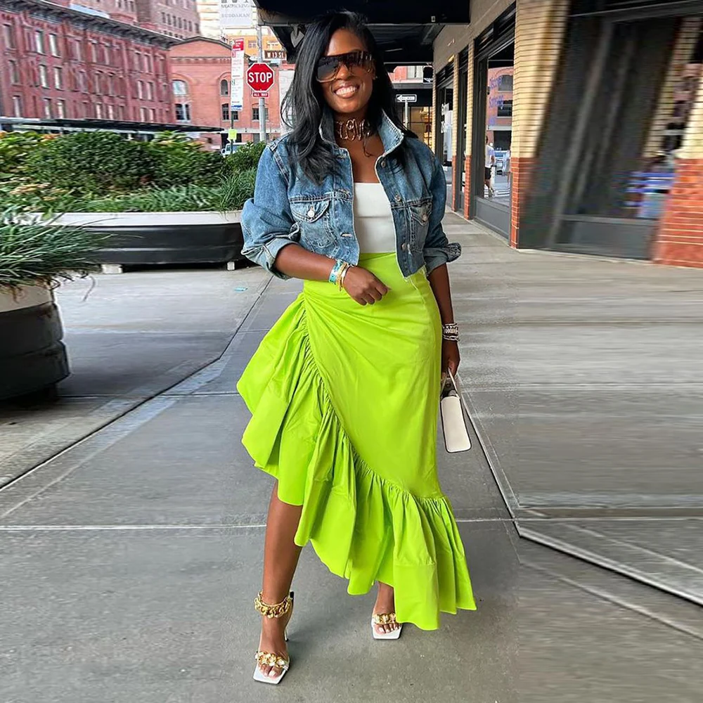 

Bright Green High Low Women Skirts Lady Mid-Calf Skirt Formal Wear High Waist Girls Birthday Party Ruffles Skirt