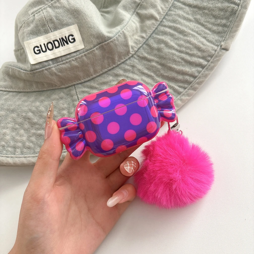 Vibrant Colorful Polka Dot 3D Candy Shaped With Plush Ball Pendant Earphone Cover Case for AirPods 1 or 2 3 4 5 Pro 2 Pro 3