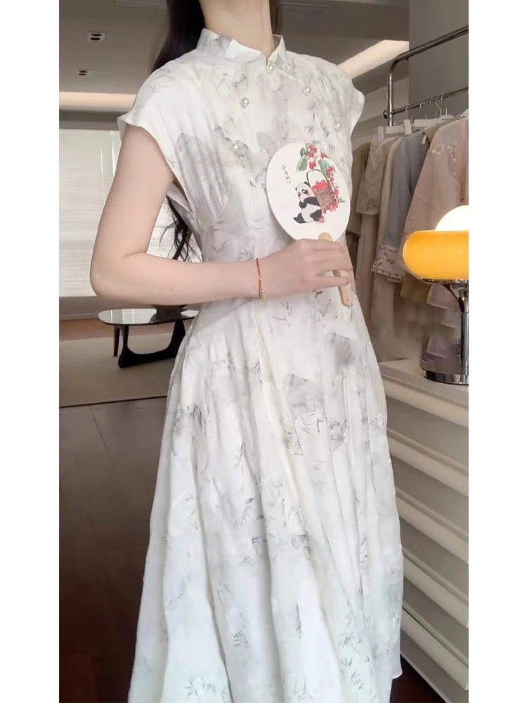 New Chinese Style White Sweet Chicly Printed Female Dresses Summer Fashion Elegant Office Ladies Simple Casual Dress for Women