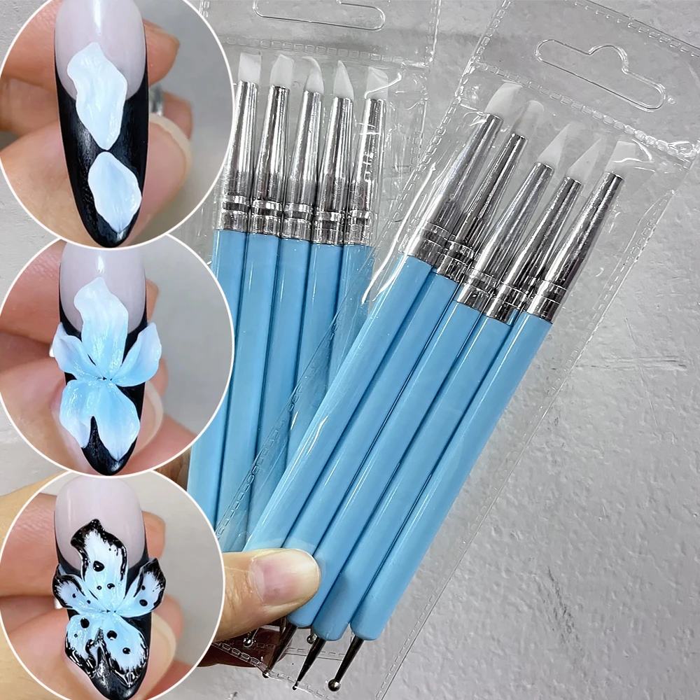 

5pcs/set Blue Handle Double Headed Nail Art Silicone Pen Carving/Draw Round Dot Point Rhinestone Nail Brushes DIY Manicure Tools