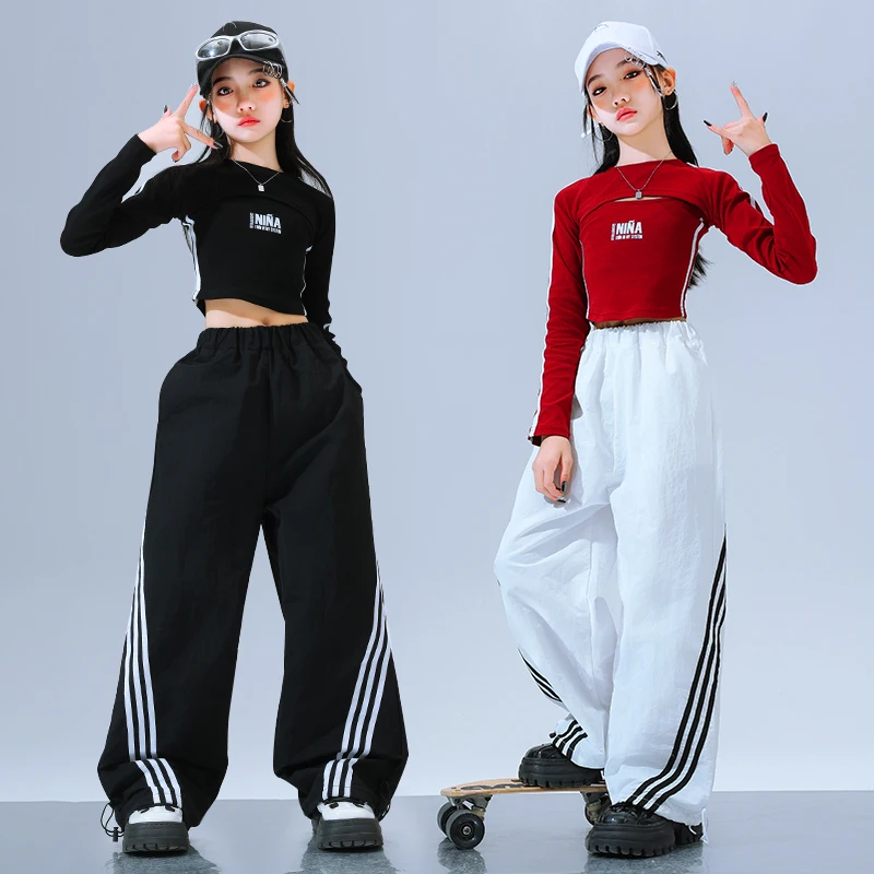 Girls K-pop Crop Top Fashion Baggy Joggers Pants Children Hip Hop Streetwear Clothes Sets Kids Cool Girl Group Jazz Costumes