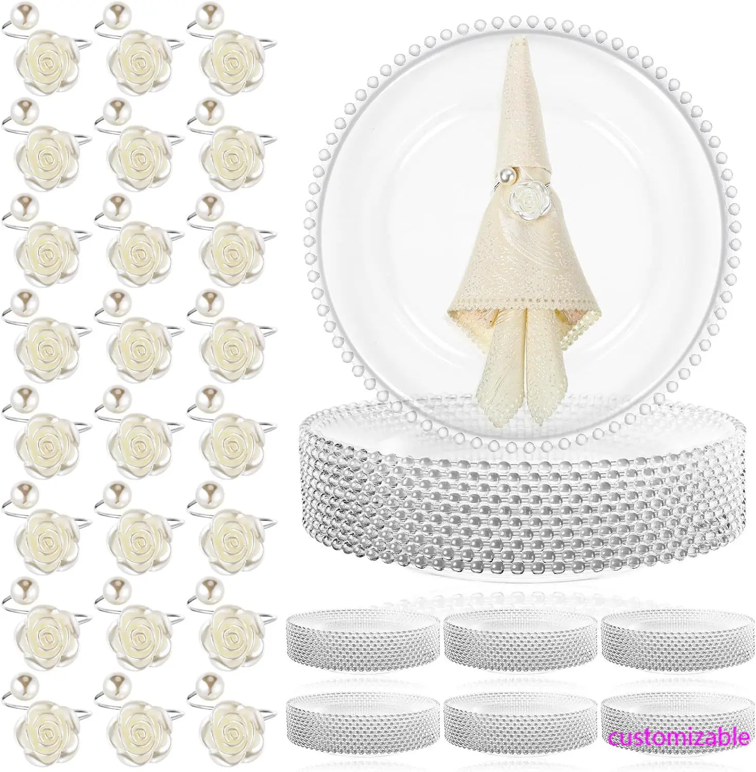 

50 Clear Charger Plates with 50 Napkin Rings Bulk Set, 13 Inch Beaded Plastic Round Plates for Dinner, Wedding, Party