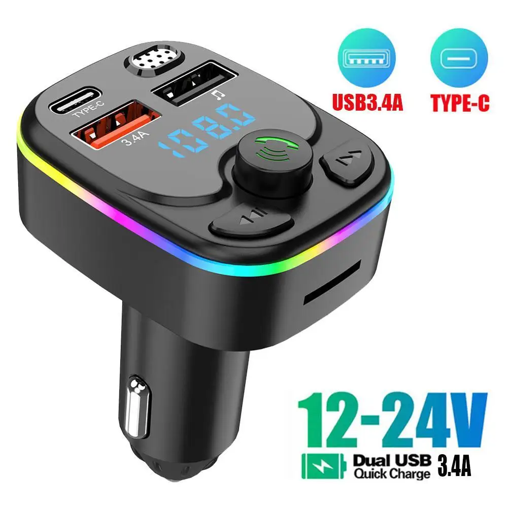 Car Bluetooth 5.0 FM Transmitter PD Type-C Dual USB 3.4A Fast Charger Colorful Ambient Light Handsfree MP3 Modulator Player