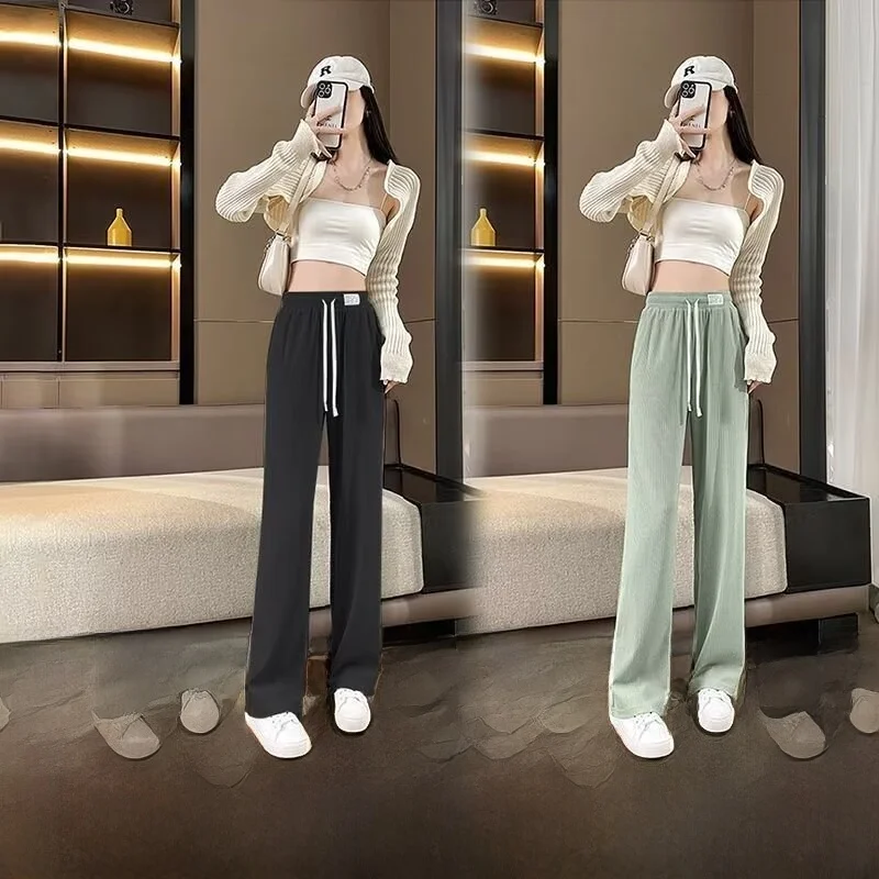 

Slim Fit Knitted Wide Leg Pants Women's Spring Summer Thin Loose Drapey Straight Cut Slimming Quick Dry White Casual Trousers