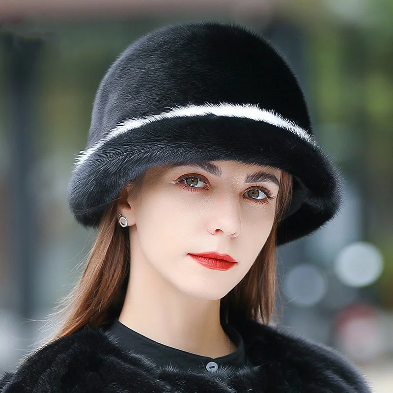 New Women's Fashion Top Hat Luxury Mink Fur Thickened Thermal Hat Winter Outdoor Real Fur Casual Large Size Girls Hat