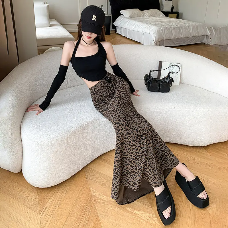Harajuku Retro Leopard Coffee Bodycon Mermaid Skirt Women Spring Hotsweet High Waist Midi Skirt Niche Unique Office Commut Skirt