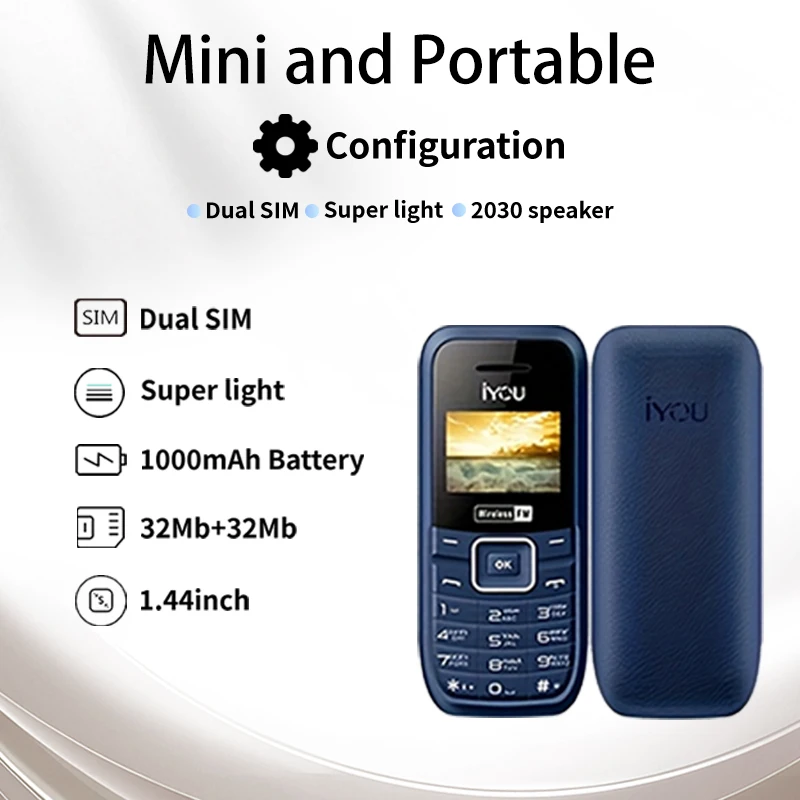 IYOU 3036 mini phone, long standby battery, dual SIM cards, 1.44-inch display screen, FM flashlight - perfect for outdoor use