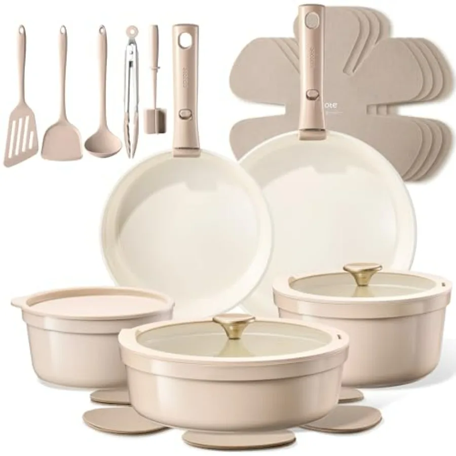 

19 Pcs Ceramic Cookware Set Titanium Nonstick with Detachable Handles, Non Toxic Cookware, Pots and Pans Set Non Stick Removable