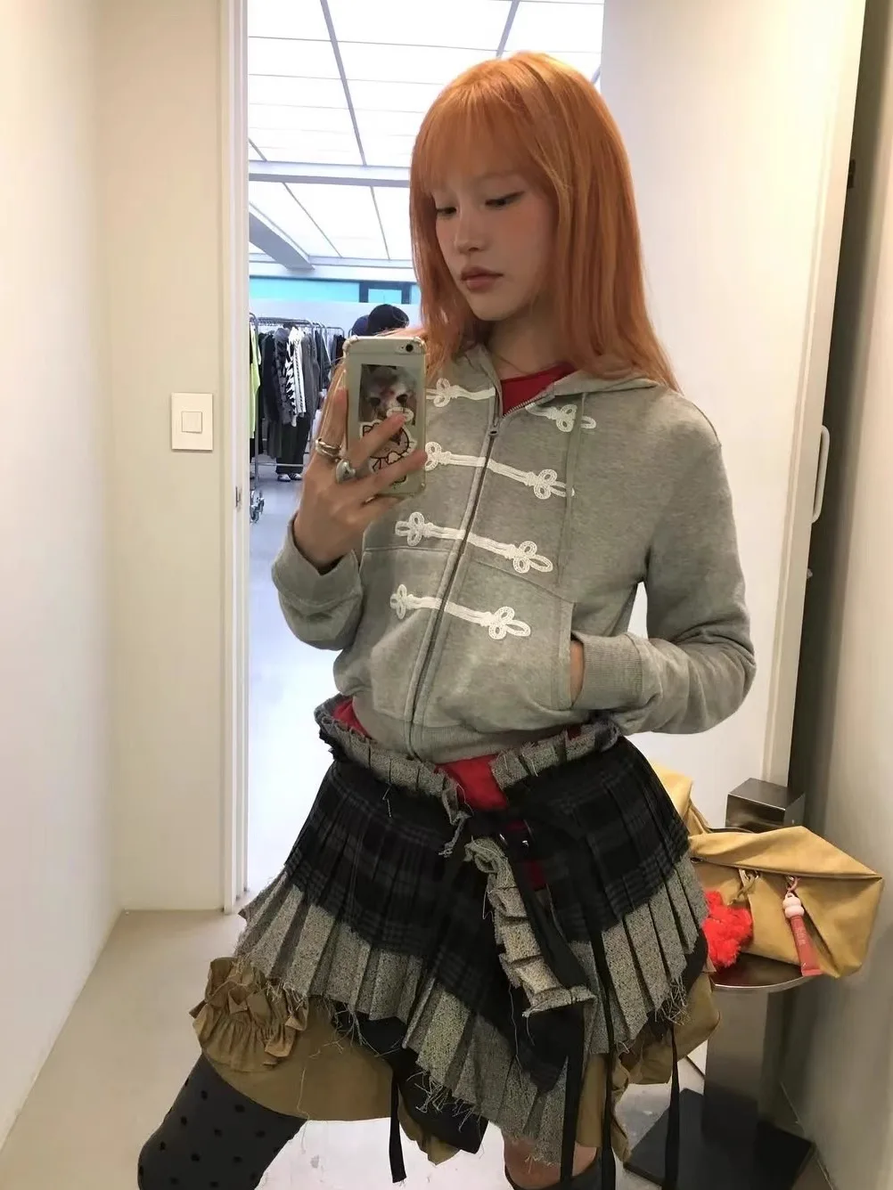 Early Autumn Short Sleeveless Hoodie Jacket with Embroidered Lace Bow Decorative Zipper Grey Street Style Loose Fit Cardigan