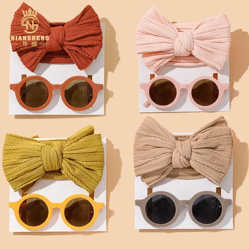 Wide Hairband Round Sunglasses for Kids,Solid Color,Cotton Bowknot,Baby Girls,Kids Hair Accessories,New,2pcs per Set